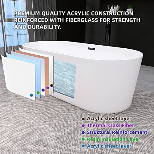 Rizzon Acrylic Free Standing Tub 58" Freestanding Bathtub with cUPC Certified Anti-Cracked Soaking Tub with Brass Drain and Classic Stainless Steel Slotted Overflow Glossy White 58"x28"