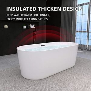 Rizzon Acrylic Free Standing Tub 58" Freestanding Bathtub with cUPC Certified Anti-Cracked Soaking Tub with Brass Drain and Classic Stainless Steel Slotted Overflow Glossy White 58"x28"