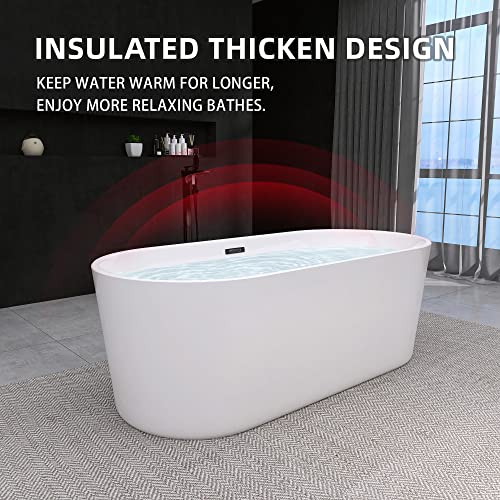 Rizzon Acrylic Free Standing Tub 58" Freestanding Bathtub with cUPC Certified Anti-Cracked Soaking Tub with Brass Drain and Classic Stainless Steel Slotted Overflow Glossy White 58"x28"