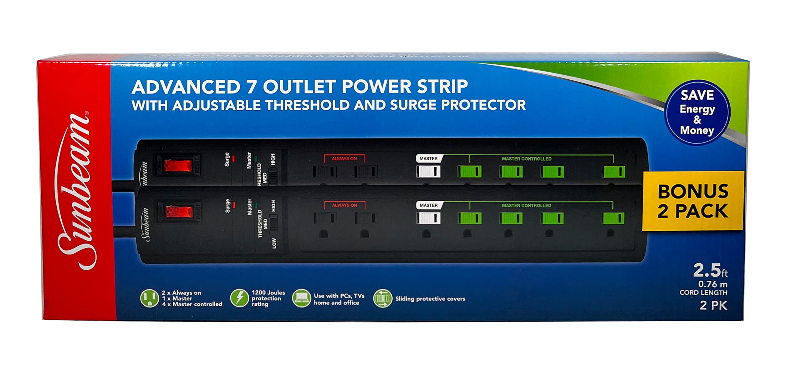 Bonus 2 Pack Sunbeam 7 Outlet 15A Wall Mount Power Strip with Adjustable Threshold, Surge Protector