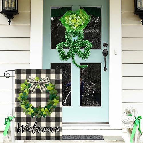BEZKS St Patricks Day Small Garden Flag 12.5 x 18 Inch, Best Choice Bow Shamrock Wreath Welcome Double Sided Decorative Flag For Outside Yard Lawn Decoration (JS01)