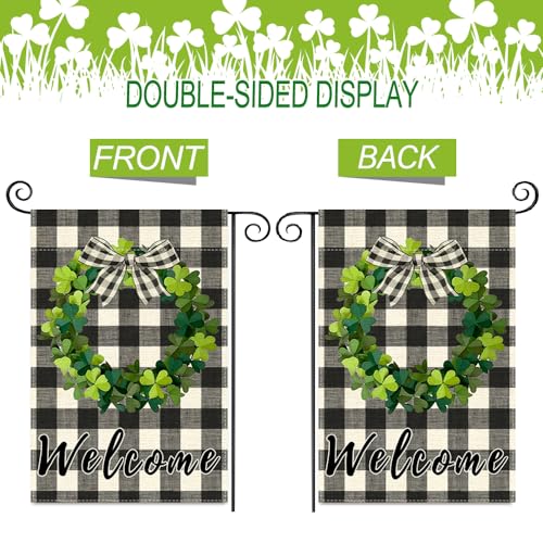 BEZKS St Patricks Day Small Garden Flag 12.5 x 18 Inch, Best Choice Bow Shamrock Wreath Welcome Double Sided Decorative Flag For Outside Yard Lawn Decoration (JS01)