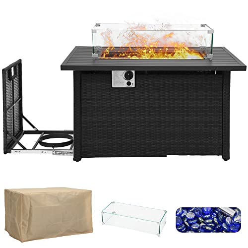 YITAHOME 42in 50,000 BTU Outdoor Propane Gas Fire Pit Table, CSA Approved Pull-Out Steel Tabletop PE Rattan Auto-Ignition Gas Firepit with Removable Lid, Glass Wind Guard, Glass Rock & Cover, (Black)