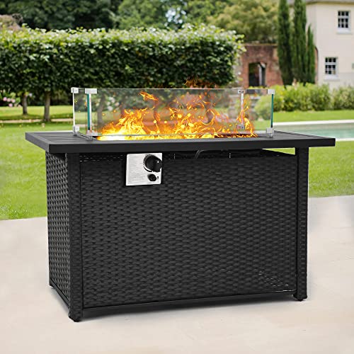YITAHOME 42in 50,000 BTU Outdoor Propane Gas Fire Pit Table, CSA Approved Pull-Out Steel Tabletop PE Rattan Auto-Ignition Gas Firepit with Removable Lid, Glass Wind Guard, Glass Rock & Cover, (Black)