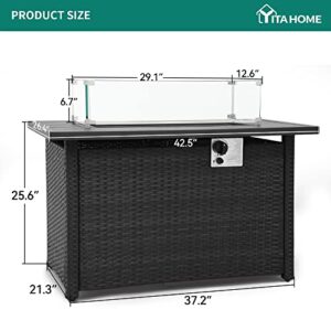 YITAHOME 42in 50,000 BTU Outdoor Propane Gas Fire Pit Table, CSA Approved Pull-Out Steel Tabletop PE Rattan Auto-Ignition Gas Firepit with Removable Lid, Glass Wind Guard, Glass Rock & Cover, (Black)