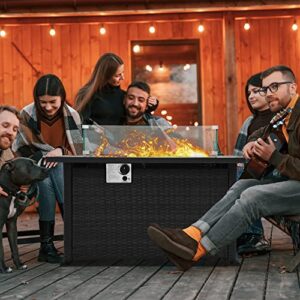 YITAHOME 42in 50,000 BTU Outdoor Propane Gas Fire Pit Table, CSA Approved Pull-Out Steel Tabletop PE Rattan Auto-Ignition Gas Firepit with Removable Lid, Glass Wind Guard, Glass Rock & Cover, (Black)