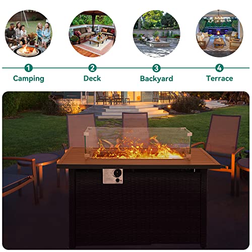 YITAHOME 42in 50,000 BTU Outdoor Propane Gas Fire Pit Table, CSA Approved Pull-Out Steel Tabletop PE Rattan Auto-Ignition Gas Firepit with Removable Lid, Glass Wind Guard, Glass Rock & Cover, (Black)