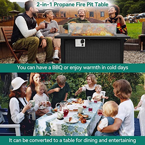 YITAHOME 42in 50,000 BTU Outdoor Propane Gas Fire Pit Table, CSA Approved Pull-Out Steel Tabletop PE Rattan Auto-Ignition Gas Firepit with Removable Lid, Glass Wind Guard, Glass Rock & Cover, (Black)