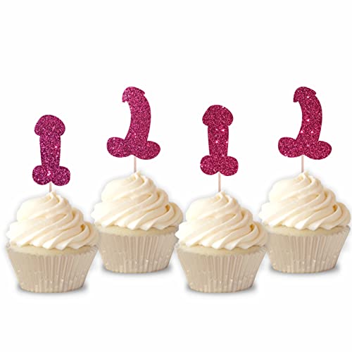 Glitter Bachelorette Party Cupcake Toppers | Set of 12 Glitter Cupcake Toppers | Bridal Shower Birthday Treat Decoration | Fun Cute Decor (Pink)