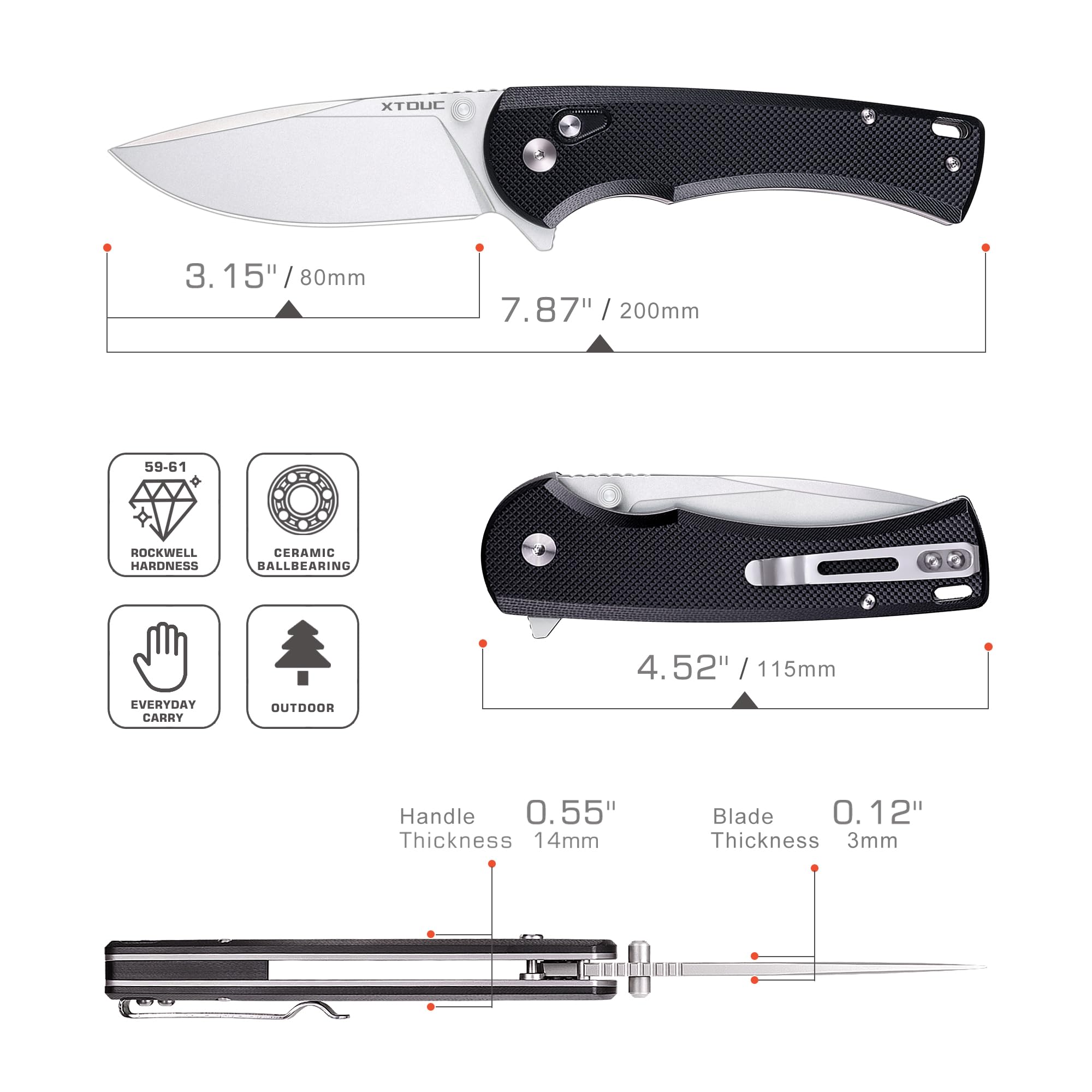 XTOUC Folding Knife EDC Pocket Knife: Button Lock 14C28N Blade Lightweight G10 Handle Camping Knives-Outdoor Hiking for Men