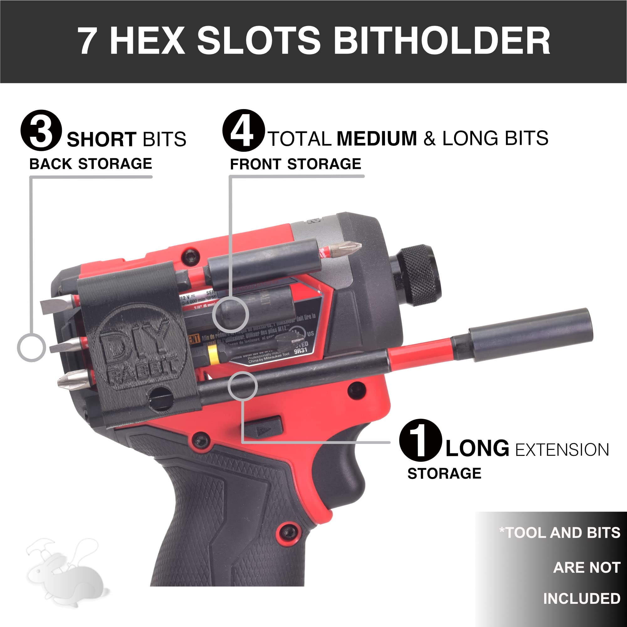 DIY Rabbit M12 Bit Holder for Milwaukee M12 Gen 3 Fuel Impact Drivers with 7 Magnetic 1/4 Hex Bit Set Organizer. Custom Made for Milwaukee Fuel 3453-20, Milwaukee Packout Tool Holder Accessories