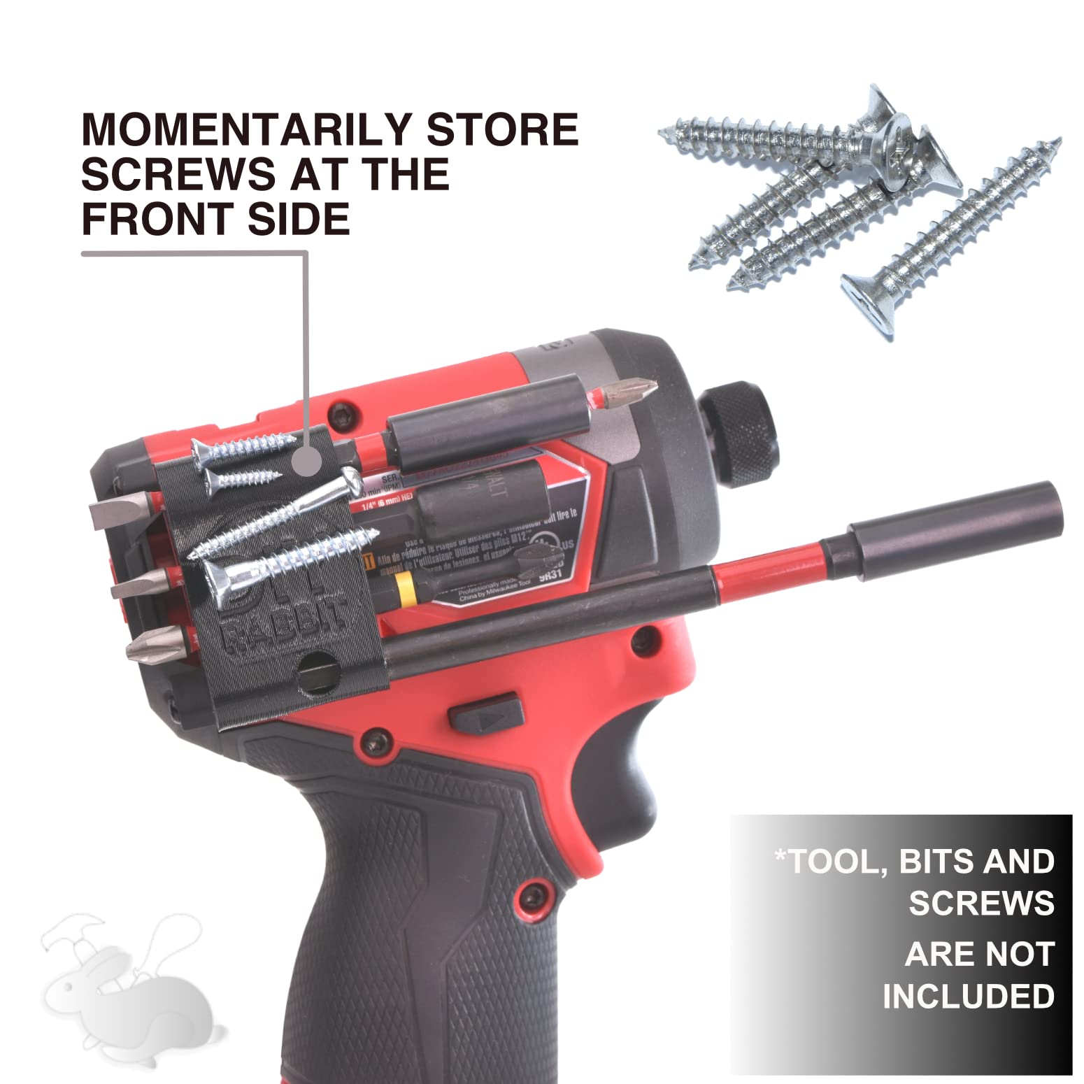 DIY Rabbit M12 Bit Holder for Milwaukee M12 Gen 3 Fuel Impact Drivers with 7 Magnetic 1/4 Hex Bit Set Organizer. Custom Made for Milwaukee Fuel 3453-20, Milwaukee Packout Tool Holder Accessories