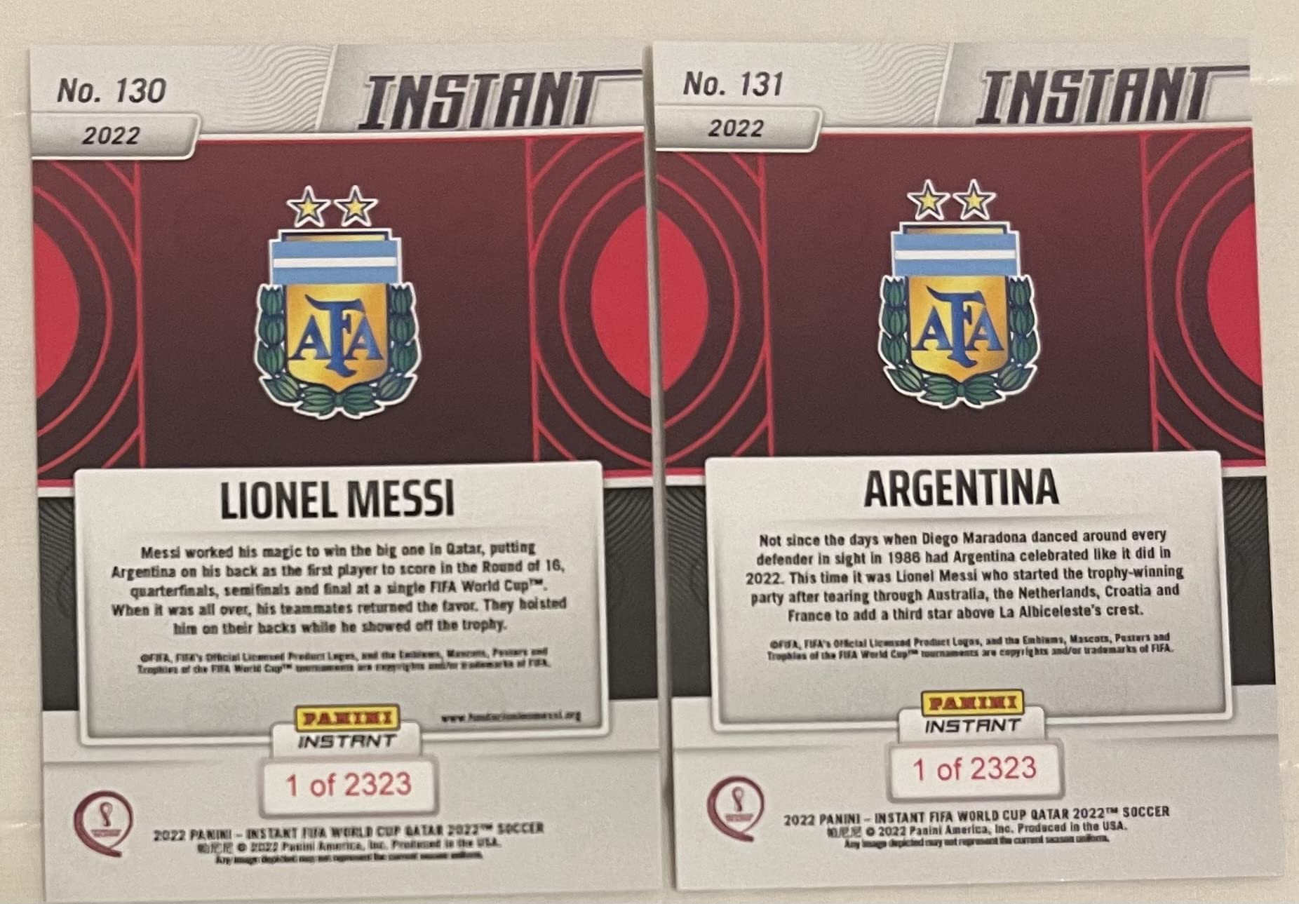 2022 Panini Instant World Cup Champions Argentina Team Set -12 Total Cards including Lionel Messi, Julian Alvarez RC, Angel Di Maria, Alexis Mac Allister, Rodrigo De Paul, Enzo Fernandez RC, Nahuel Molina, Nicolas Otamendi, Cristian Romero, Nicolas Taglia