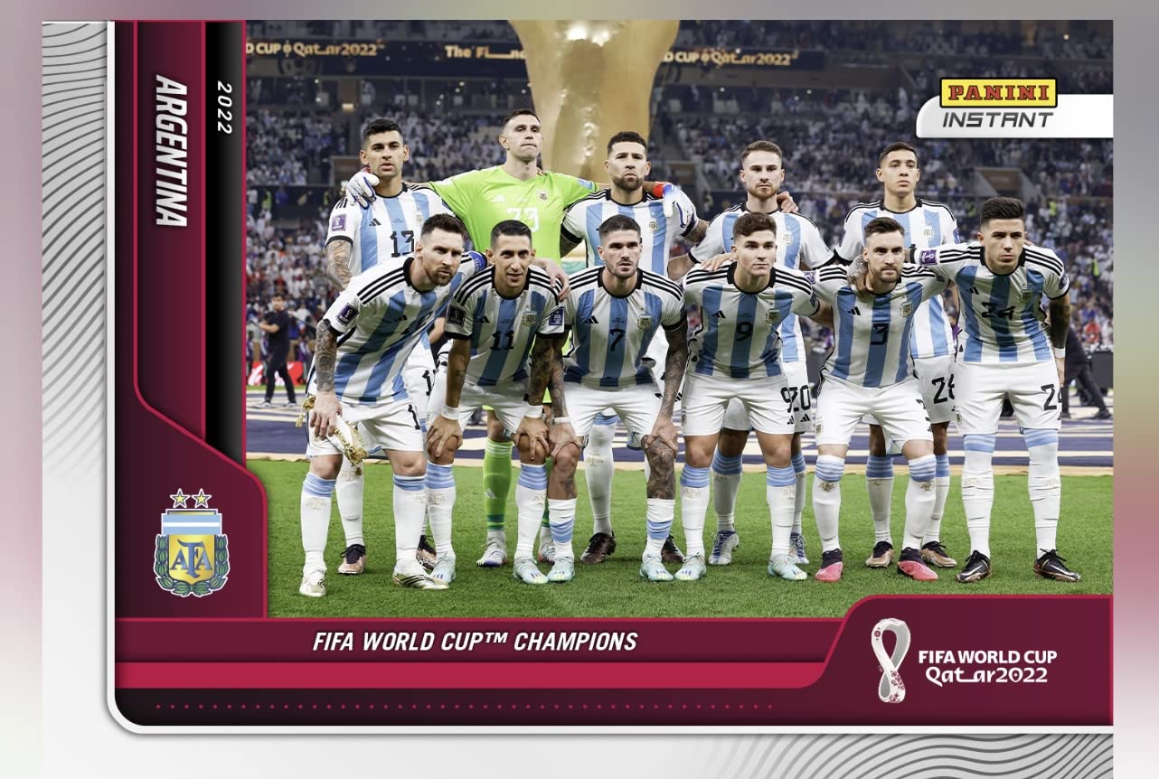 2022 Panini Instant World Cup Champions Argentina Team Set -12 Total Cards including Lionel Messi, Julian Alvarez RC, Angel Di Maria, Alexis Mac Allister, Rodrigo De Paul, Enzo Fernandez RC, Nahuel Molina, Nicolas Otamendi, Cristian Romero, Nicolas Taglia