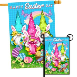 q-leo easter flag, set 2 house flag 28 x 40 and garden flag 12 x 18 double side, small garden flags decorations for outside, yard outdoor decor with 3 gnones and happy easter day signs