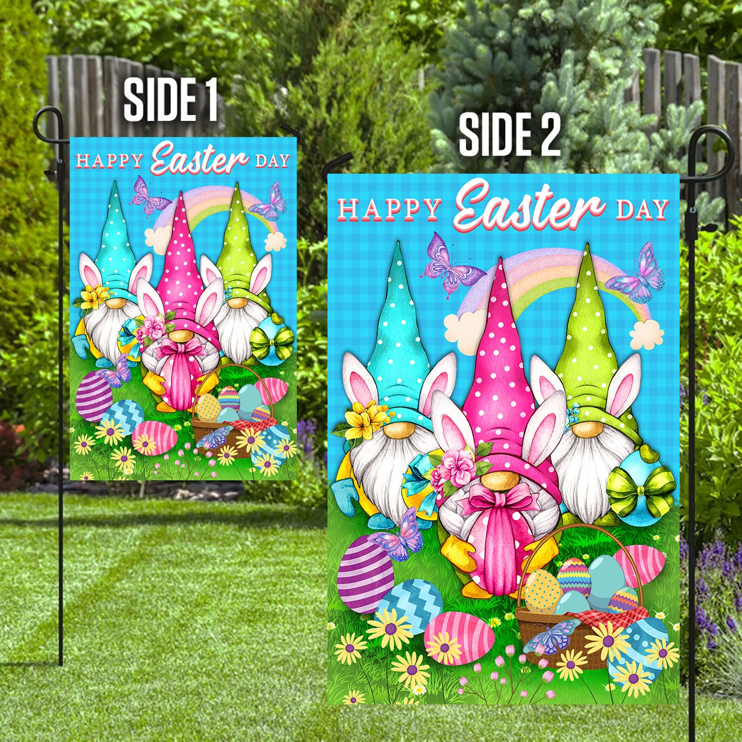 Q-Leo Easter Flag, Set 2 House Flag 28 X 40 And Garden Flag 12 x 18 Double Side, Small Garden Flags Decorations For Outside, Yard Outdoor Decor With 3 Gnones and Happy Easter day Signs