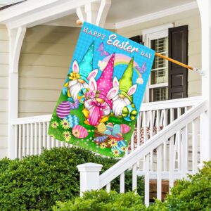 Q-Leo Easter Flag, Set 2 House Flag 28 X 40 And Garden Flag 12 x 18 Double Side, Small Garden Flags Decorations For Outside, Yard Outdoor Decor With 3 Gnones and Happy Easter day Signs