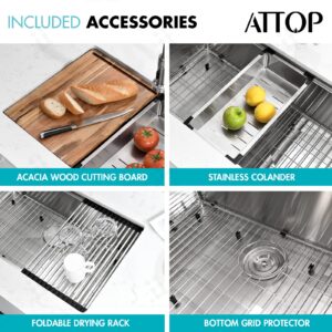 ATTOP 32 Inch Undermount Workstation Kitchen Sink,Stainless Steel Undermount Kitchen Sink Single Bowl workstation Ledge Sink