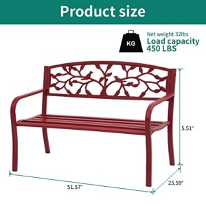 YITAHOME Outdoor Bench 50" Metal Bench Bird Pattern Patio Bench with Backrest and Armrest for Porch Lawn Balcony Backyard and Indoor Red