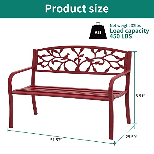 YITAHOME Outdoor Bench 50" Metal Bench Bird Pattern Patio Bench with Backrest and Armrest for Porch Lawn Balcony Backyard and Indoor Red