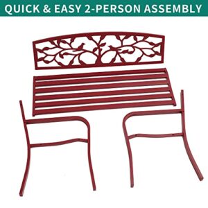 YITAHOME Outdoor Bench 50" Metal Bench Bird Pattern Patio Bench with Backrest and Armrest for Porch Lawn Balcony Backyard and Indoor Red