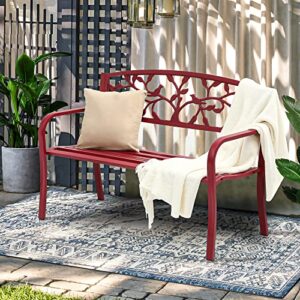 YITAHOME Outdoor Bench 50" Metal Bench Bird Pattern Patio Bench with Backrest and Armrest for Porch Lawn Balcony Backyard and Indoor Red