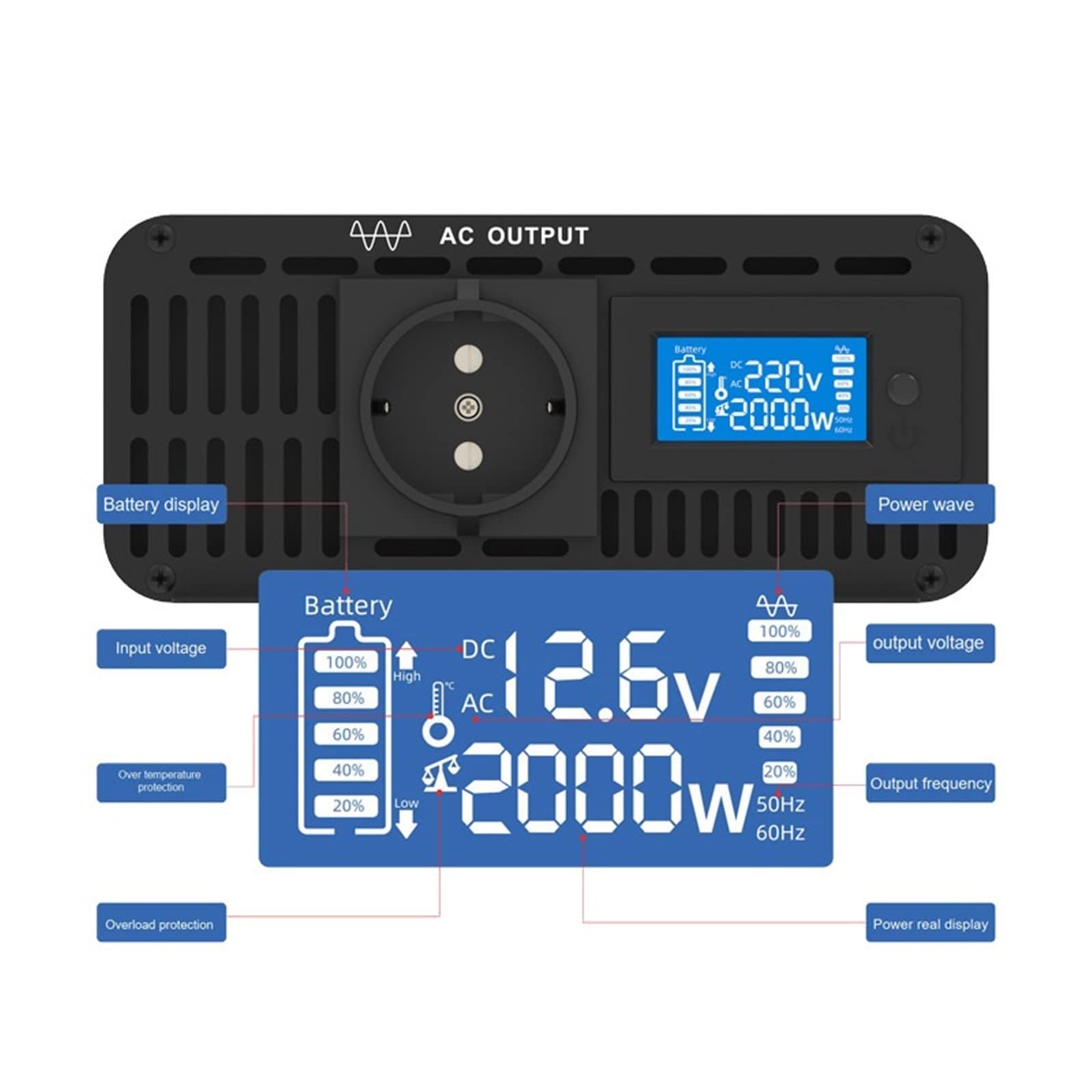 Solar inverters LCD Display 2000W 12V 24V 48V to 100V 110V 120V 220V 230V 240V 50HZ 60HZ 2KW DC to AC Pure Sine Wave Power Inverter ( Color : 50HZ , Size : 48V_220V )