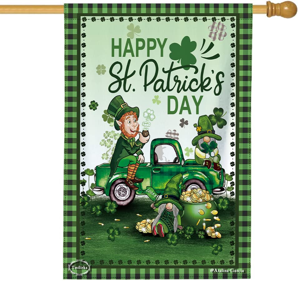 Happy St. Patrick's Day Buffalo Plaid Lucky Gnomes In Truck Green Garden Flag 28"x40" Double Sided Vertical Shamrock Clover Garden Flags For Outdoor Home Patio St Patricks Yard Flag Leprechaun Decor