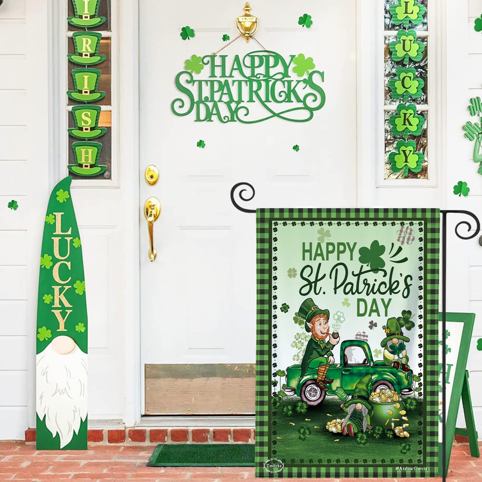 Happy St. Patrick's Day Buffalo Plaid Lucky Gnomes In Truck Green Garden Flag 28"x40" Double Sided Vertical Shamrock Clover Garden Flags For Outdoor Home Patio St Patricks Yard Flag Leprechaun Decor