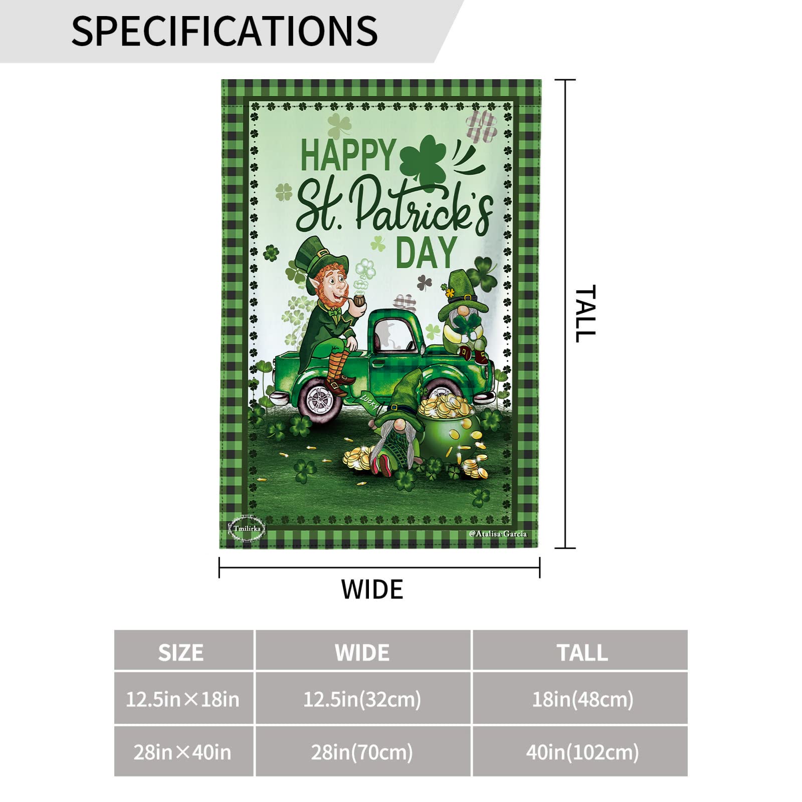 Happy St. Patrick's Day Buffalo Plaid Lucky Gnomes In Truck Green Garden Flag 28"x40" Double Sided Vertical Shamrock Clover Garden Flags For Outdoor Home Patio St Patricks Yard Flag Leprechaun Decor