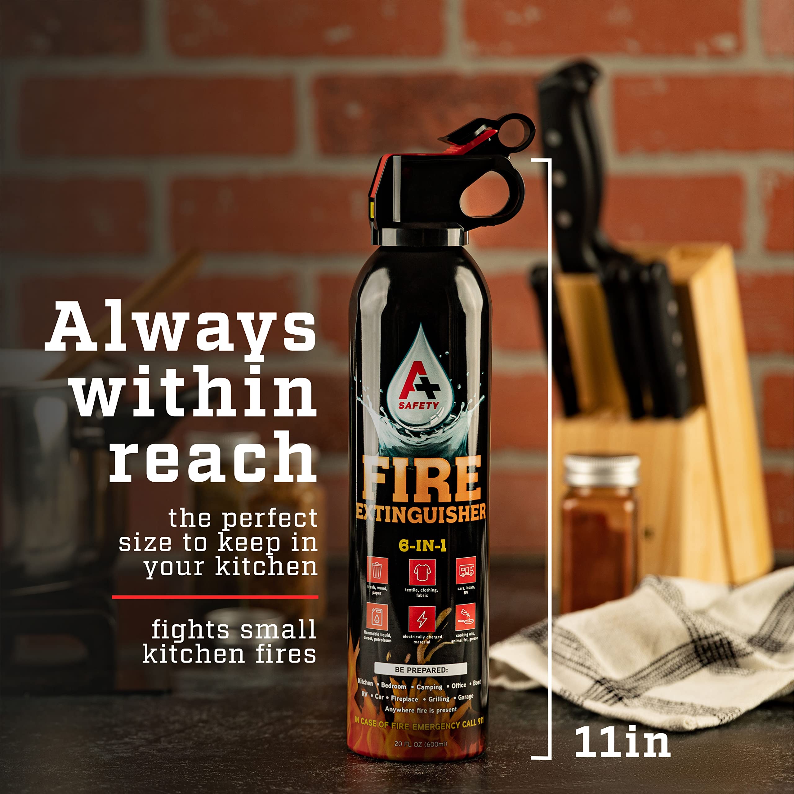 A+ Safety Portable Fire Extinguisher | 6-in-1 Small Fire Extinguisher for Home, Garage, Kitchen, Car | For Electric, Textile and Grease Fires | Non-Toxic, Easy Clean | Wall Mount Incl (2PK)