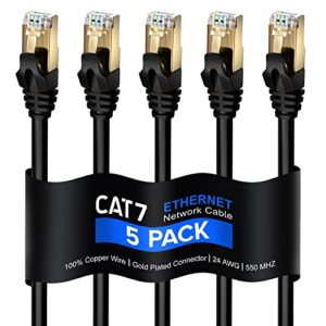 cat 7 ethernet cable 100 ft - high-speed internet & network lan patch cable, rj45 connectors - 100ft / black / 5 pack - perfect for gaming, streaming, and more