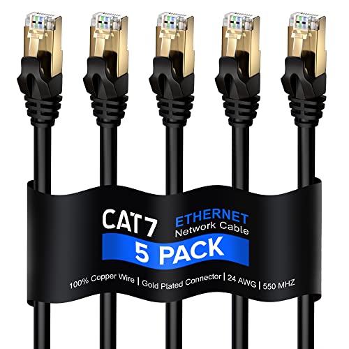 Cat 7 Ethernet Cable 100 ft - High-Speed Internet & Network LAN Patch Cable, RJ45 Connectors - 100ft / Black / 5 Pack - Perfect for Gaming, Streaming, and More