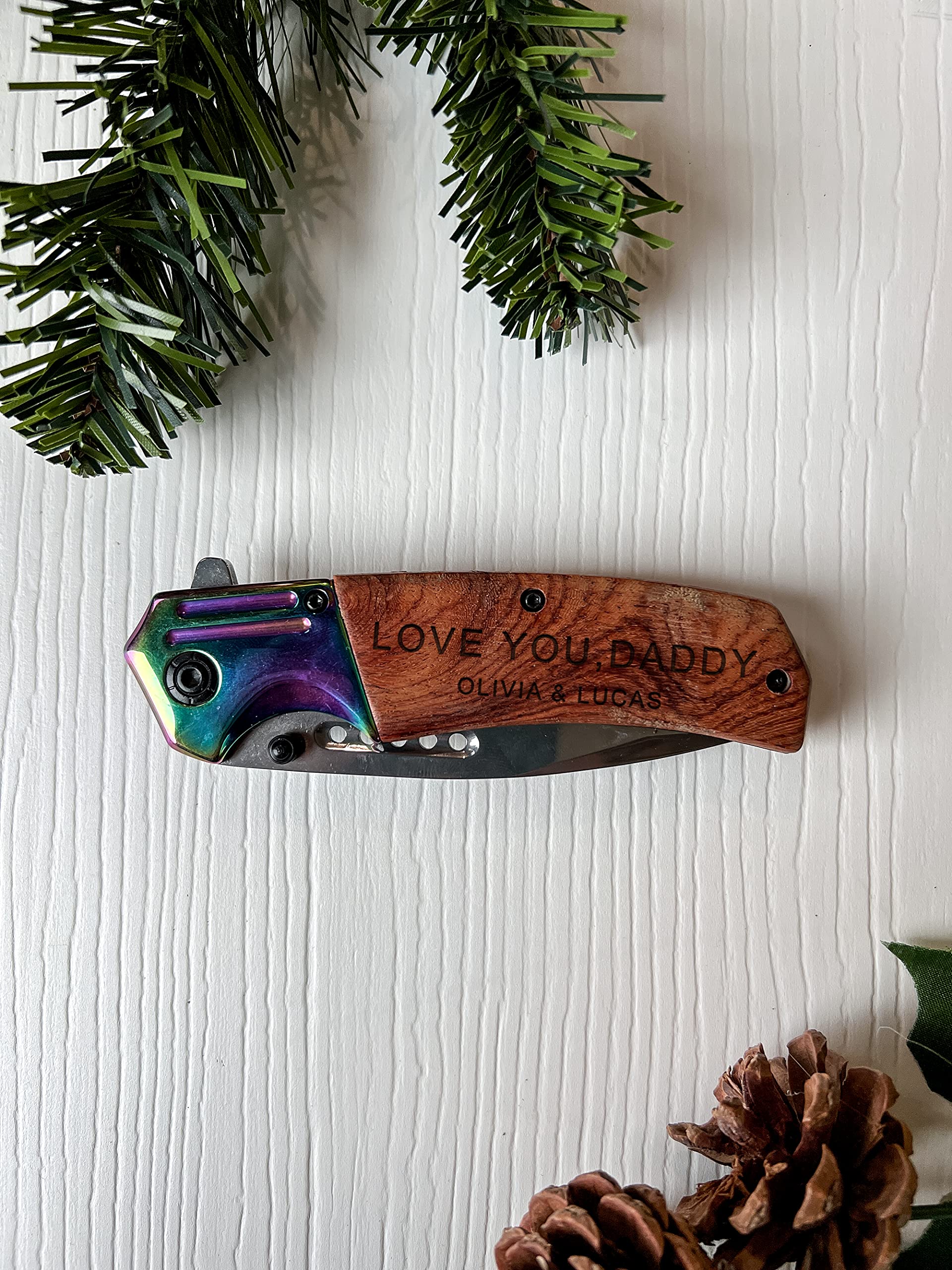 Personalized POCKET KNIFE Engraved Wood Folding Knive Stainless Steel l Standard Edge 5" Blade Wood Handle With Ultra-Secure & Comfortable Belt Clip Custom Gifts for Him Men Dad Boyfriend Father Husband Anniversary Groomsmen (Knife NOT Engraved)