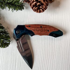 Personalized POCKET KNIFE Engraved Wood Folding Knive Stainless Steel l Standard Edge 5" Blade Wood Handle With Ultra-Secure & Comfortable Belt Clip Custom Gifts for Him Men Dad Boyfriend Father Husband Anniversary Groomsmen (Knife NOT Engraved)