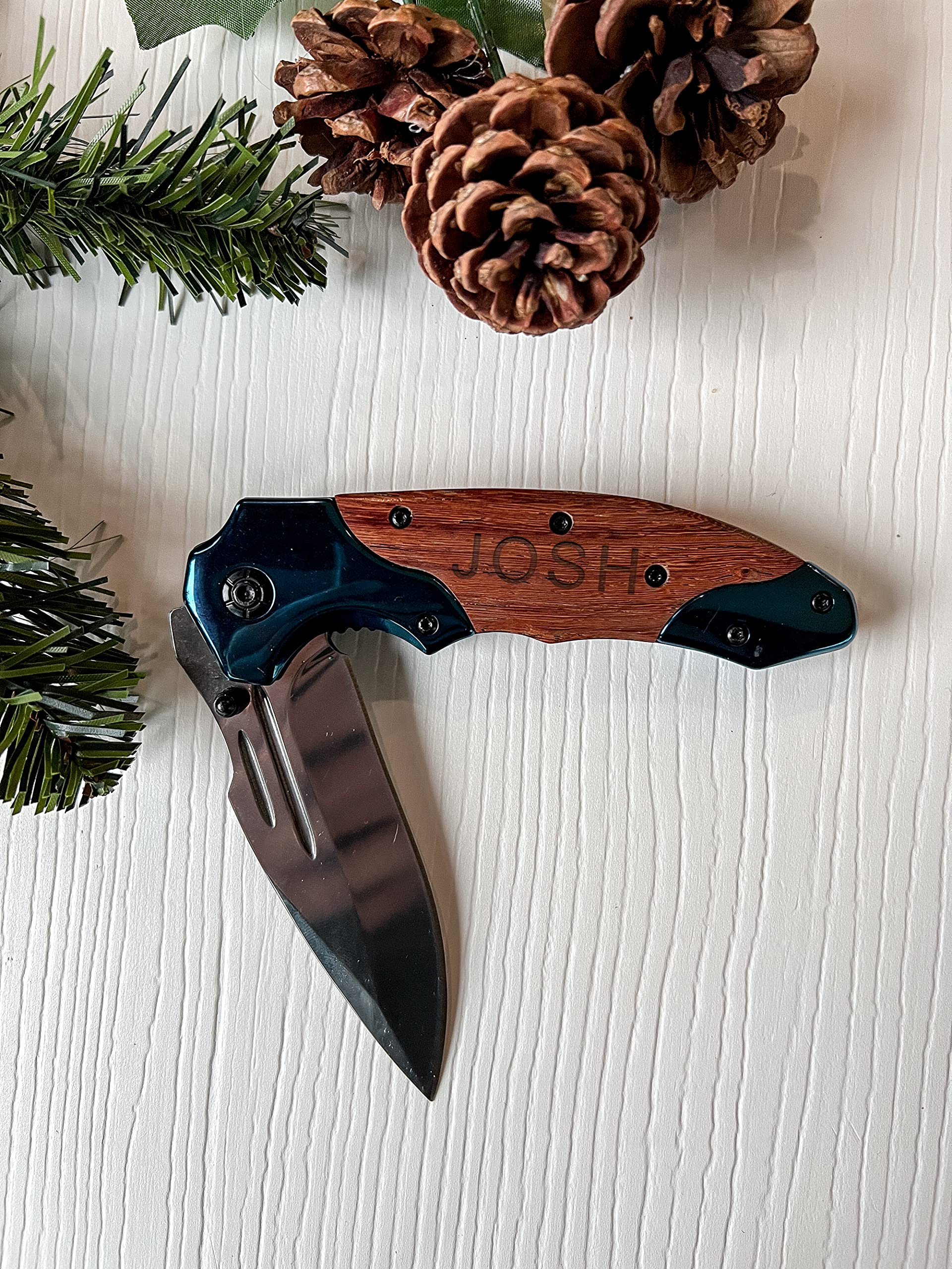 Personalized POCKET KNIFE Engraved Wood Folding Knive Stainless Steel l Standard Edge 5" Blade Wood Handle With Ultra-Secure & Comfortable Belt Clip Custom Gifts for Him Men Dad Boyfriend Father Husband Anniversary Groomsmen (Knife NOT Engraved)