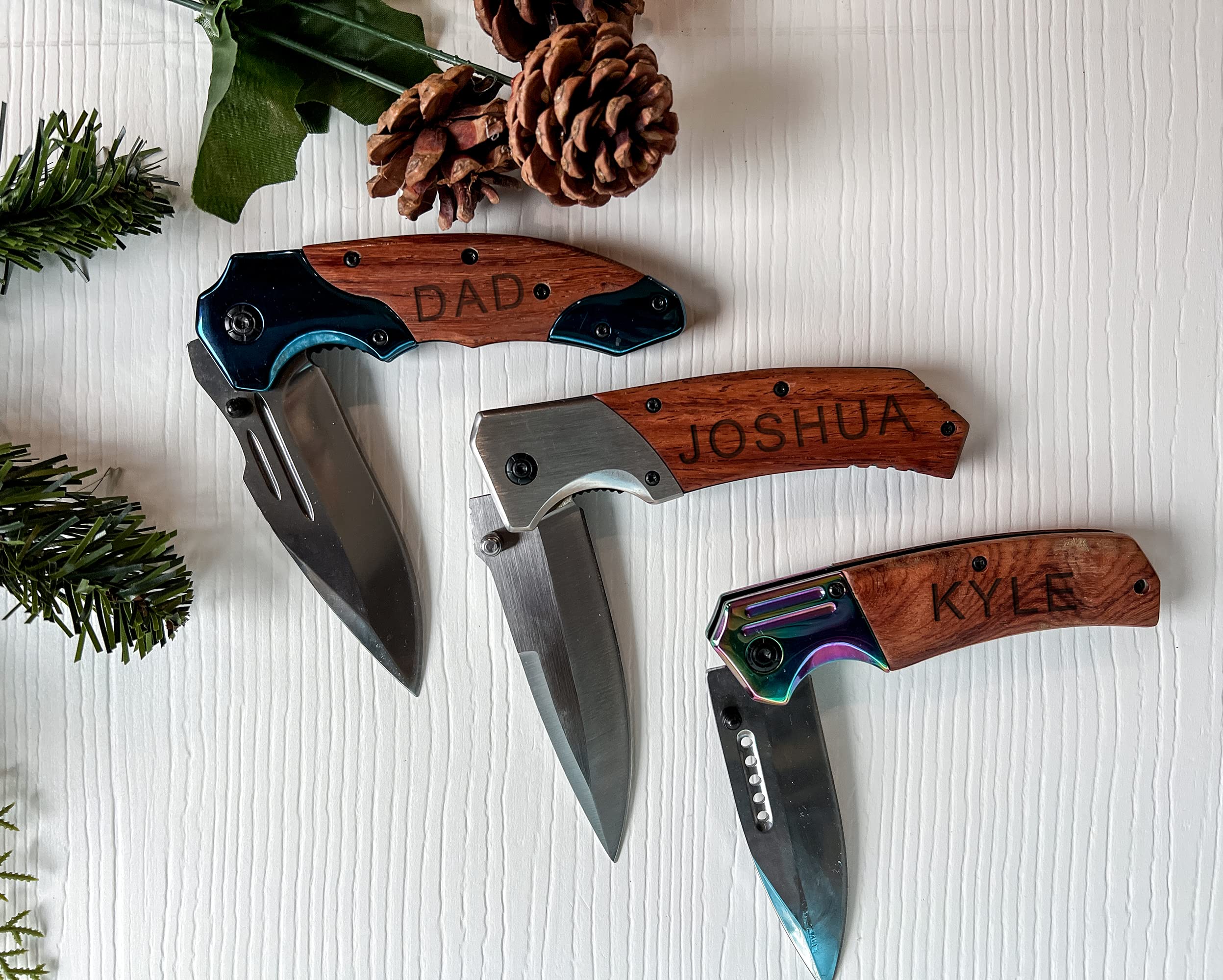 Personalized POCKET KNIFE Engraved Wood Folding Knive Stainless Steel l Standard Edge 5" Blade Wood Handle With Ultra-Secure & Comfortable Belt Clip Custom Gifts for Him Men Dad Boyfriend Father Husband Anniversary Groomsmen (Knife NOT Engraved)