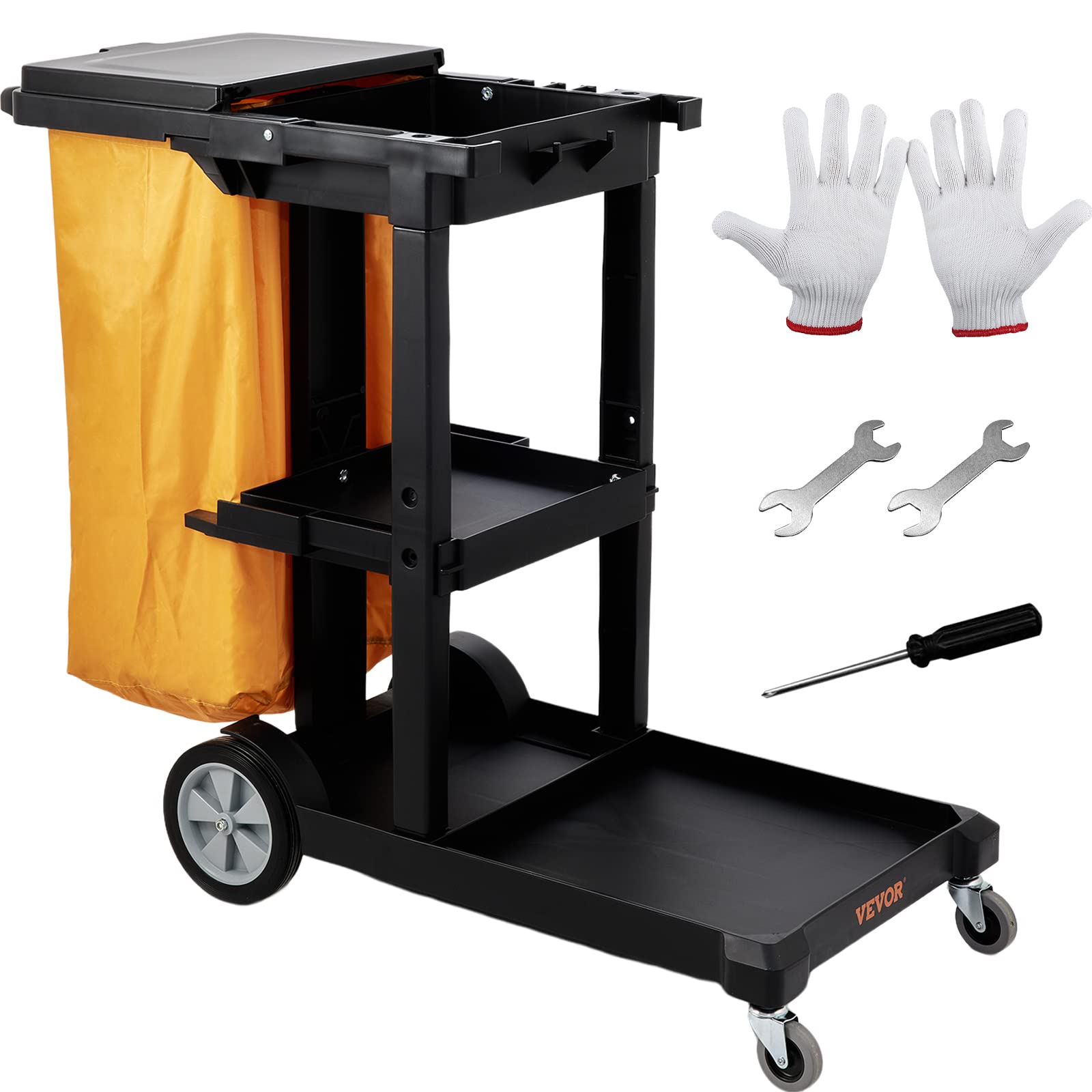 VEVOR Cleaning Cart, 3-Shelf Commercial Janitorial Cart, 200 lbs Capacity Plastic Housekeeping Cart, with 25 Gallon PVC Bag and Cover, 47" x 20" x 38.6", Yellow+Black