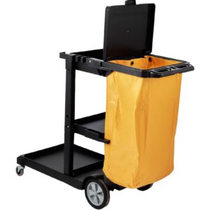 VEVOR Cleaning Cart, 3-Shelf Commercial Janitorial Cart, 200 lbs Capacity Plastic Housekeeping Cart, with 25 Gallon PVC Bag and Cover, 47" x 20" x 38.6", Yellow+Black