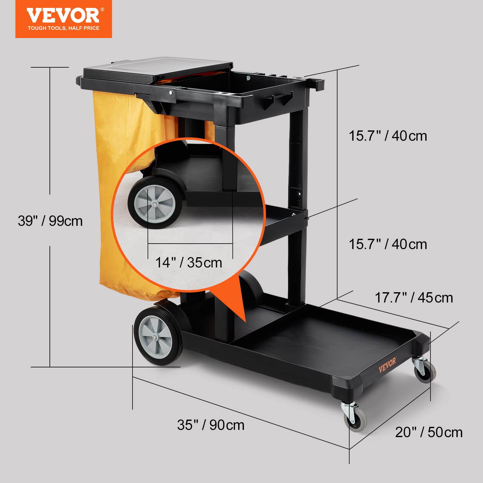 VEVOR Cleaning Cart, 3-Shelf Commercial Janitorial Cart, 200 lbs Capacity Plastic Housekeeping Cart, with 25 Gallon PVC Bag and Cover, 47" x 20" x 38.6", Yellow+Black