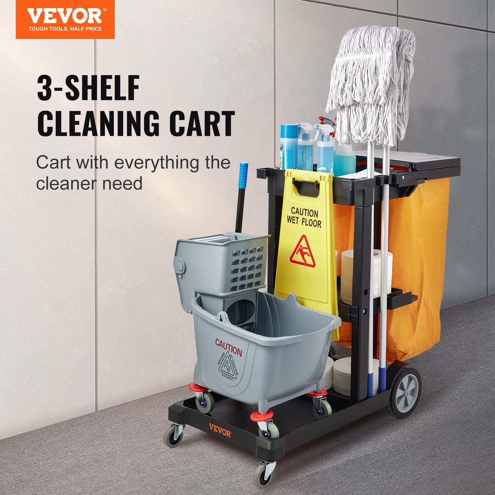 VEVOR Cleaning Cart, 3-Shelf Commercial Janitorial Cart, 200 lbs Capacity Plastic Housekeeping Cart, with 25 Gallon PVC Bag and Cover, 47" x 20" x 38.6", Yellow+Black