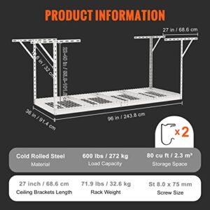 VEVOR Overhead Garage Storage Rack, 3x8 Garage Ceiling Storage Racks, Heavy Duty Adjustable Cold Rolled Steel Racks for Garage Storage, Organization, 600 lbs Load Capacity, 22''-40" (White)