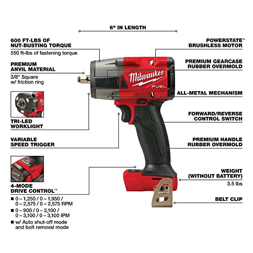 Milwaukee M18 18V Fuel 3/8'' Brushless Cordless Mid-Torque Compact Impact Wrench Bare Tool + Accessories, Black & Red