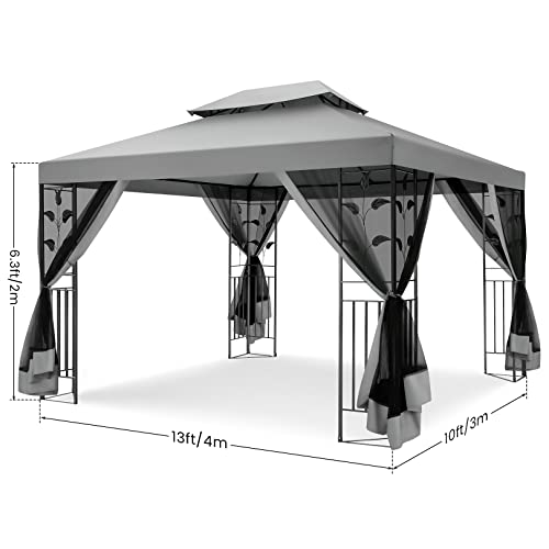 COBIZI Gazebo Canopy Tent, Outdoor Canopy 10x13 Tents for Parties, Patio Gazebo with Mosquito Netting, Patio Covers for Shade and Rain, Screen House for Backyard, Lawn and Garden, Steel Frame, Gray