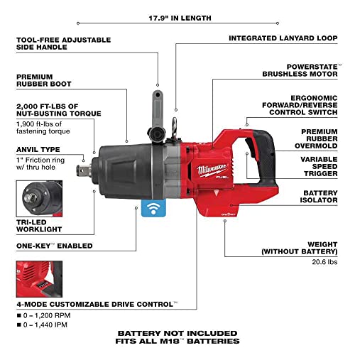 Milwaukee M18 FUEL 1 in. D-Handle High Torque Impact Wrench w/ONE-KEY (Bare Tool) + Accessory