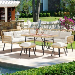yitahome 6-piece patio wicker l-shaped furniture set, all-weather rattan outdoor conversation sofa set for backyard deck with soft cushions,ottomans and plastic wood dining table (light brown+beige)