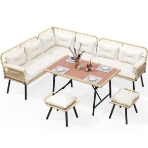 YITAHOME 6-Piece Patio Wicker L-Shaped Furniture Set, All-Weather Rattan Outdoor Conversation Sofa Set for Backyard Deck with Soft Cushions,Ottomans and Plastic Wood Dining Table (Light Brown+Beige)