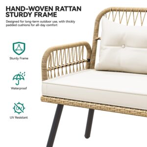 YITAHOME 6-Piece Patio Wicker L-Shaped Furniture Set, All-Weather Rattan Outdoor Conversation Sofa Set for Backyard Deck with Soft Cushions,Ottomans and Plastic Wood Dining Table (Light Brown+Beige)