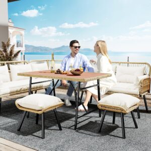 YITAHOME 6-Piece Patio Wicker L-Shaped Furniture Set, All-Weather Rattan Outdoor Conversation Sofa Set for Backyard Deck with Soft Cushions,Ottomans and Plastic Wood Dining Table (Light Brown+Beige)