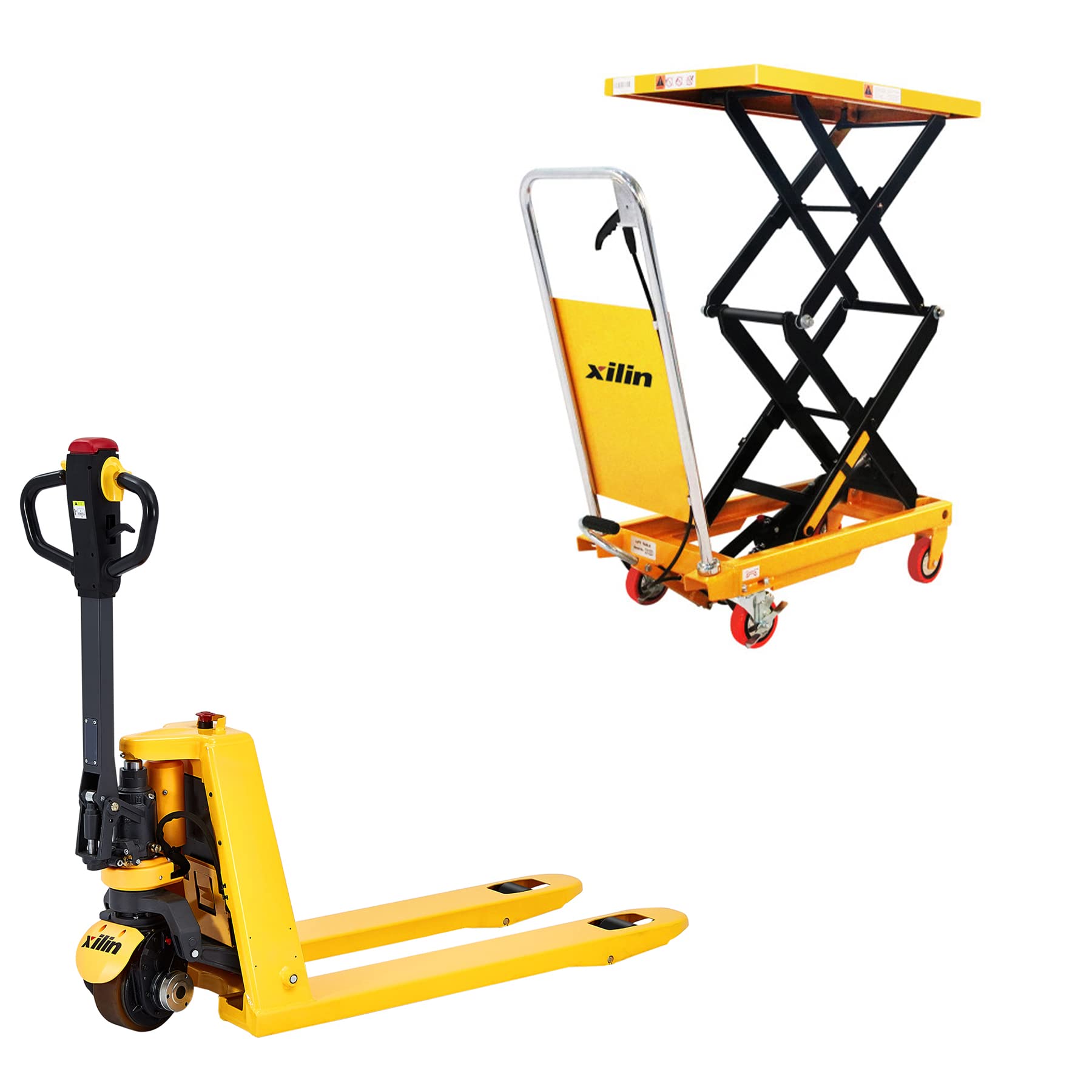 Xilin Electric Pallet Jack Truck Lithium Battery 3300LBS Capacity 48" x 27" Fork Size and Manual Hydraulic Lift Table Cart Double Scissor 330lbs Capacity 43.3" Lifting Height